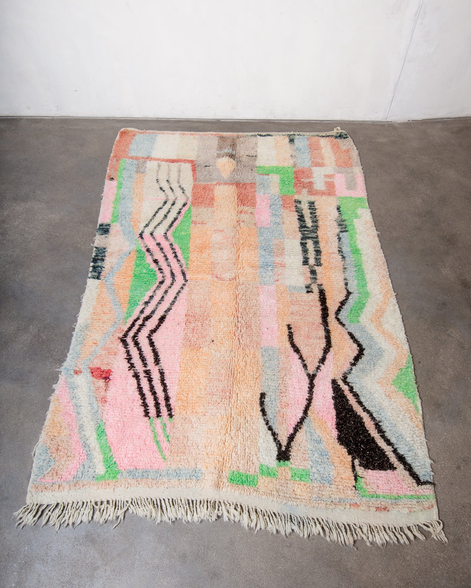 Modern, designer, handcrafted Berber rug from Morocco. Vintage carpet with beautiful colours and patterns and fluffy texture.